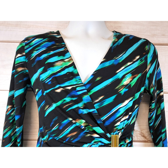 CALVIN KLEIN Womens Green/Blue/Black Wrap Style 3/4 Sleeve Dress Size 6 - Picture 2 of 10